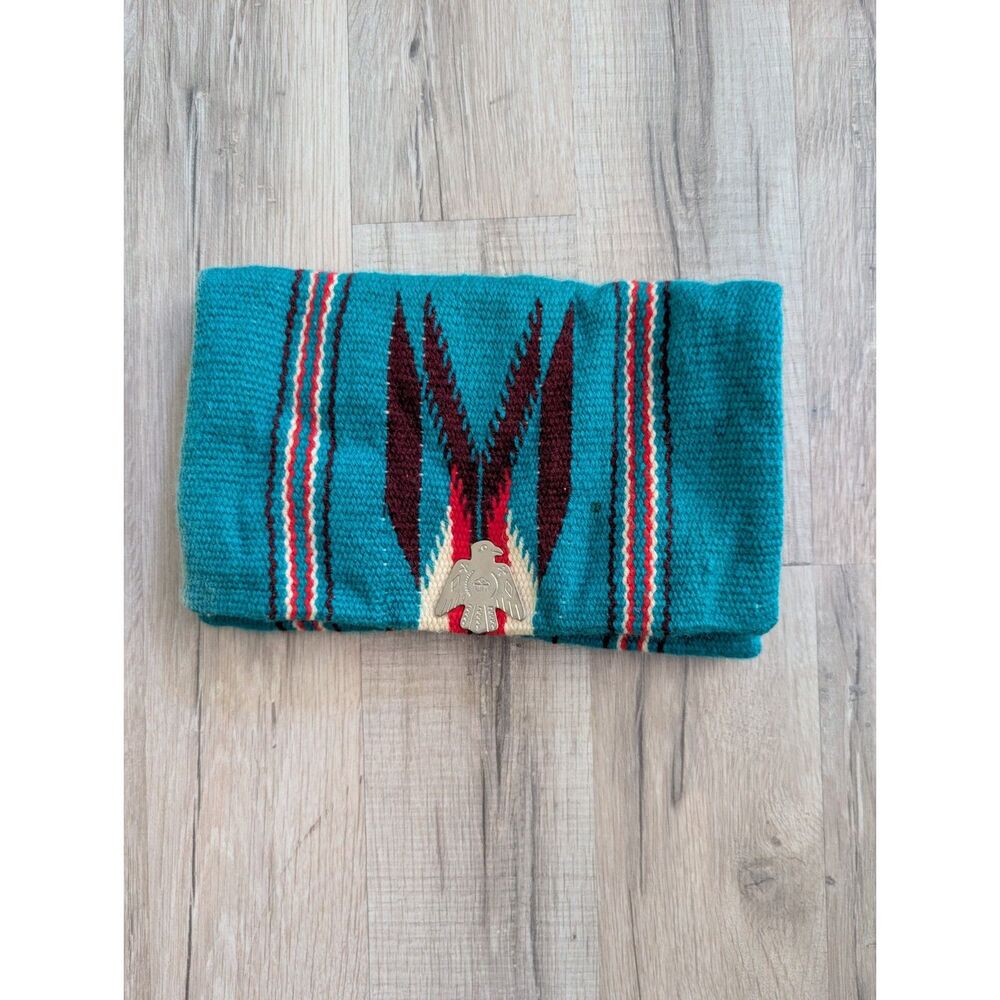 Vintage Chimayo Woven Wool Clutch Purse Turquoise with Thunderbird Clasp (C4)